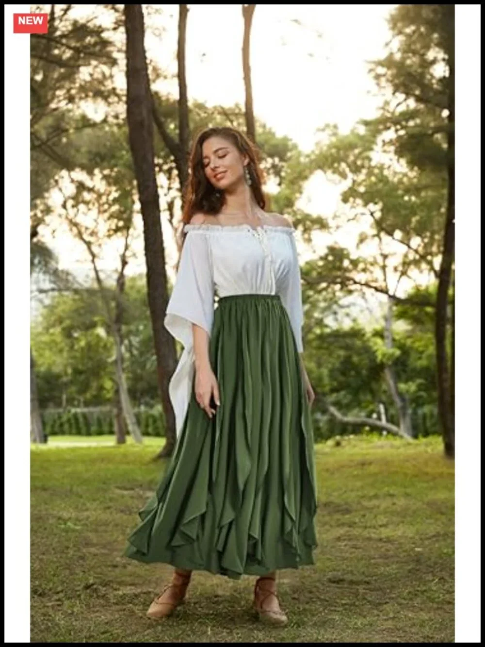 Women's Ruffle Maxi Skirt Renaissance Boho Long Flowy Elastic Waist
